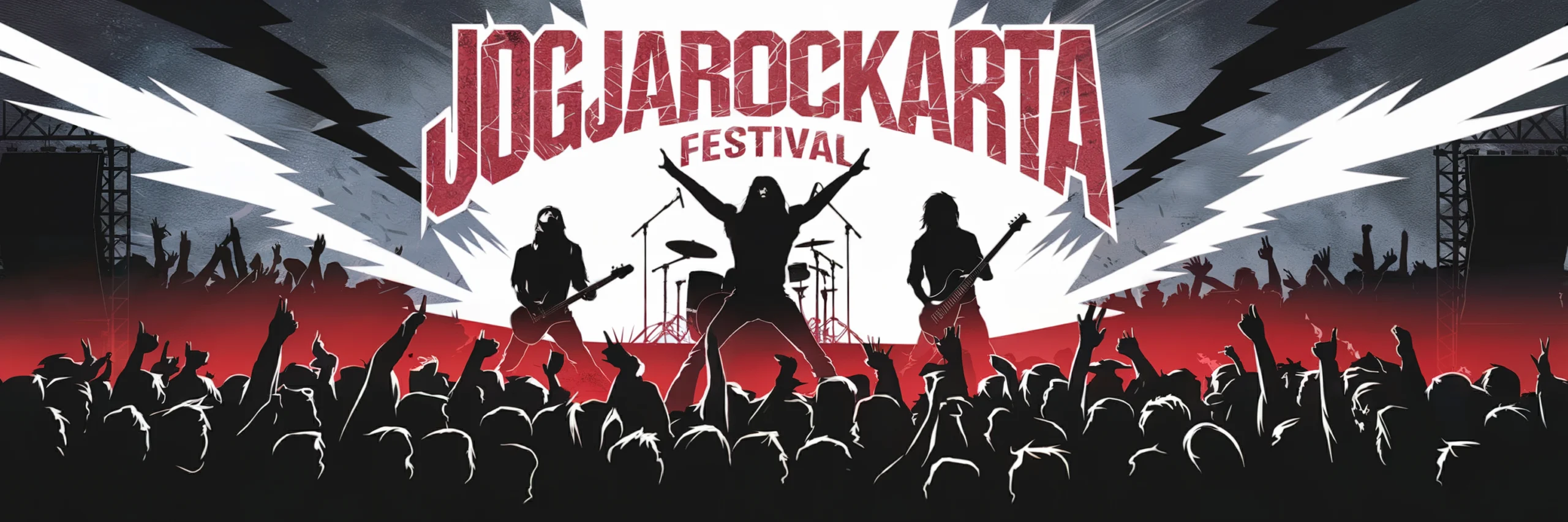 A heavy metal-style poster for the JogjaROCKarta Festival featuring black silhouettes of a full band performing on stage with a wild crowd in the foreground. The scene is lit by fiery beams of light, and the sky glows with intense reds, oranges, and metallic grays, capturing the raw, electrifying energy of the festival.