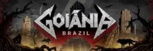 Rock/metal-style poster with "Goiânia" in distressed bold text, "Brazil" below, and gritty imagery of local monuments, wildlife, and twisted trees in dark red and bronze tones.