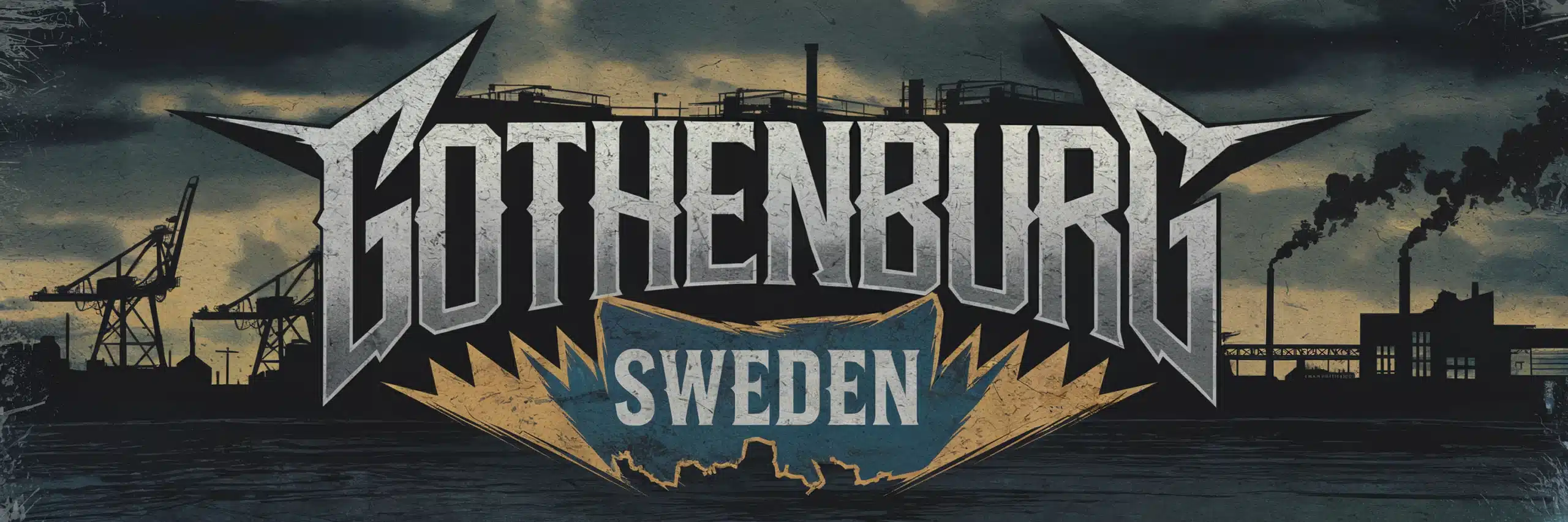 Gritty rock and metal poster featuring the word “Gothenburg” in distressed death metal typography, with an industrial Swedish cityscape in dark, moody tones.