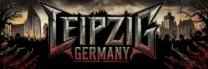 Brutal, gritty rock and metal poster design featuring aggressive typography for "Leipzig" and "Germany," with dark, raw textures and iconic Leipzig landmarks in the background. The atmosphere is rebellious and intense, with a distressed, underground aesthetic.