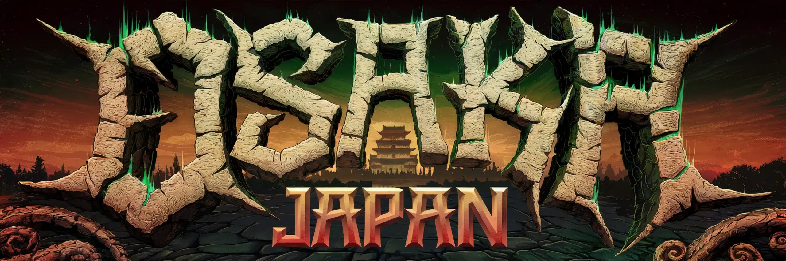 Psychedelic doom metal poster for Osaka’s underground rock and metal scene, featuring gritty textures, distorted lettering, and iconic Osaka landmarks like Osaka Castle and neon-lit canals.