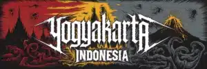 Gritty underground metal poster for Yogyakarta, Indonesia, featuring distressed blackletter typography, dark volcanic colors, and shadowy silhouettes of Prambanan Temple and Mount Merapi in the background.