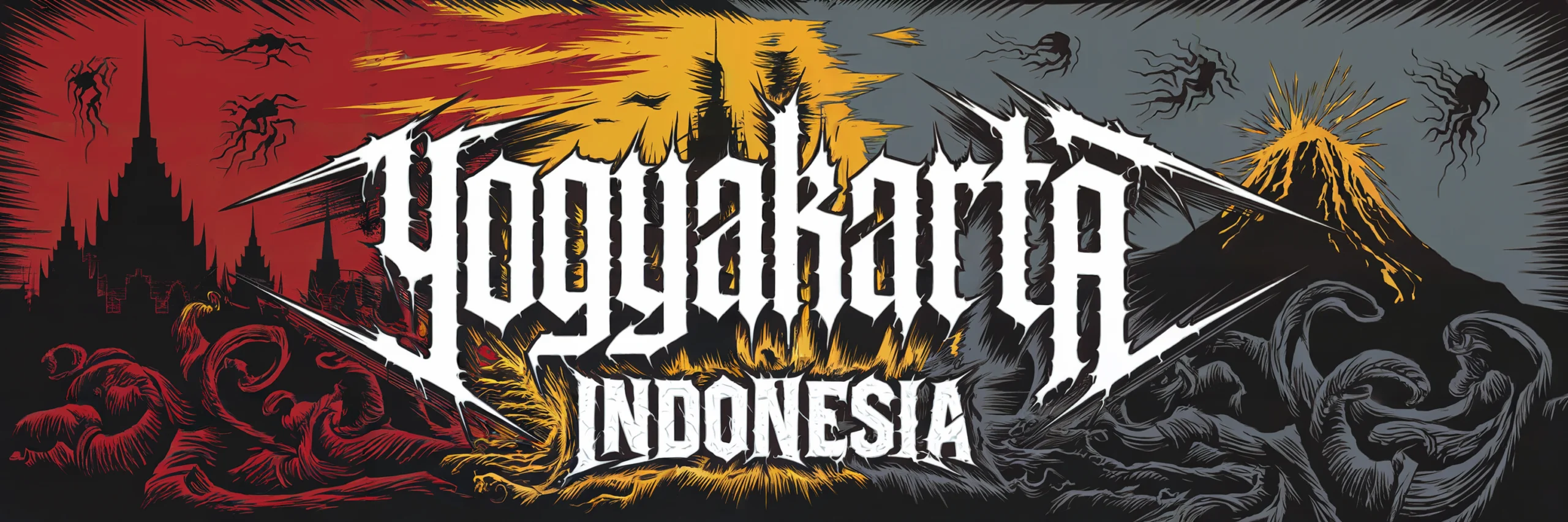 Gritty underground metal poster for Yogyakarta, Indonesia, featuring distressed blackletter typography, dark volcanic colors, and shadowy silhouettes of Prambanan Temple and Mount Merapi in the background.