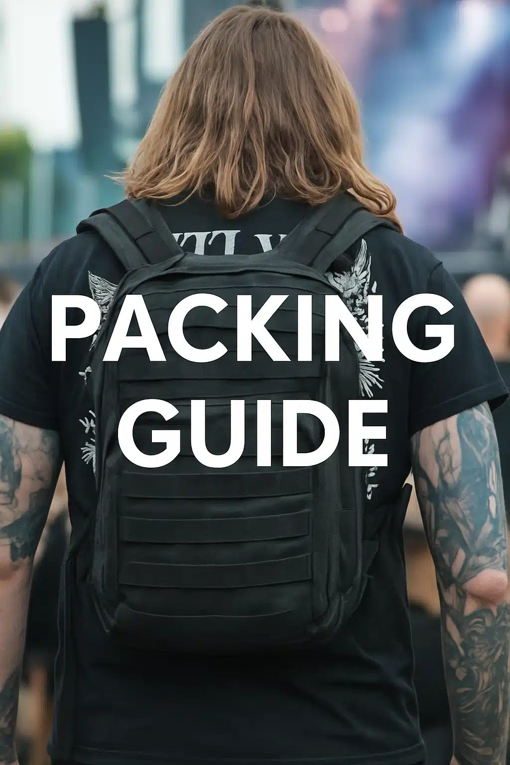 Tattooed man with long hair and a black tactical backpack stands at a rock and metal festival, immersed in the music with the crowd blurred around him.
