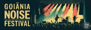 Custom artwork inspired by the Goiânia Noise Festival, featuring a silhouetted band performing on stage with a vibrant, Brazil-inspired color palette and packed crowd. Bold text reads 'GOIÂNIA NOISE FESTIVAL.