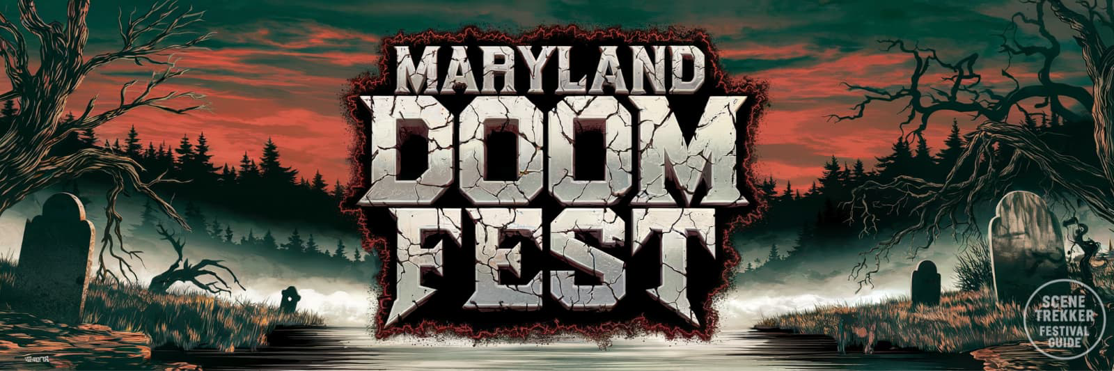 Doom metal poster for Maryland Doom Fest with cracked stone logo, twisted trees, and a foggy graveyard under a red sky