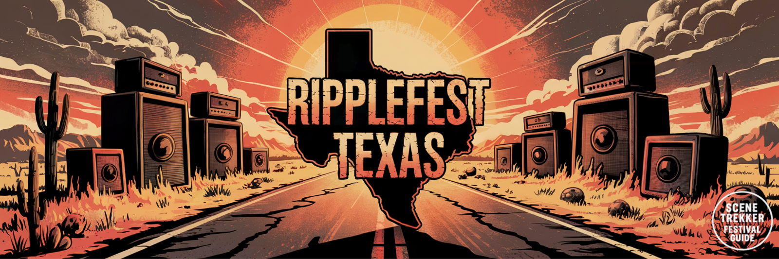 Hyper-realistic stoner rock poster for RippleFest Texas featuring towering amp stacks along a cracked desert highway, with a Texas-shaped logo blazing against a smoky sky.