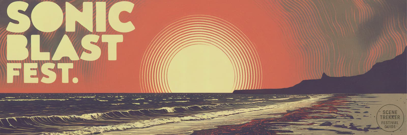 A poster for the "SonicBlast Fest," featuring a stylized sunset over a textured landscape. The sun is depicted as a large, white circle setting behind a horizon with swirling, abstract patterns in the sky. The text "SONIC BLAST FEST" is prominently displayed in bold, cracked letters in the lower half of the image. The color palette includes shades of orange, brown, and beige, giving the poster a vintage, artistic feel.