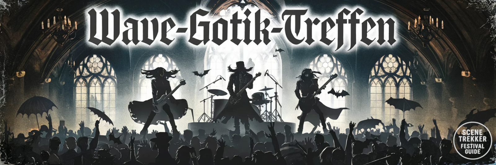 Custom poster-style artwork of Wave-Gotik-Treffen featuring a gothic band silhouette on an ornate indoor stage, with a crowd holding parasols and bat-shaped accessories, surrounded by Gothic architecture and moody lighting.